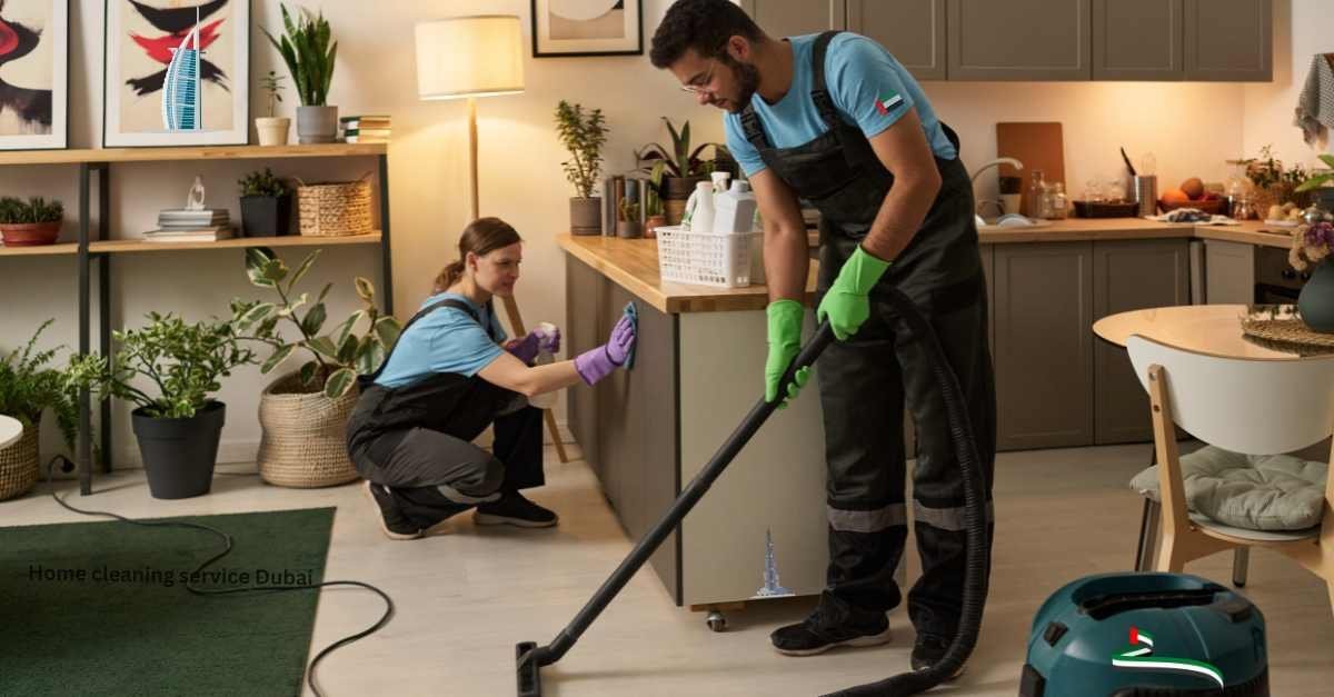 Professional cleaners deep cleaning a kitchen and living room in a Dubai apartment, vacuuming and wiping down surfaces